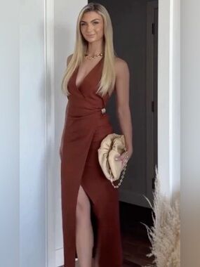 ZARA TERRACOTTA LINEN MIDI DRESS WITH GOLD APPLIQUÉ SIZE XS